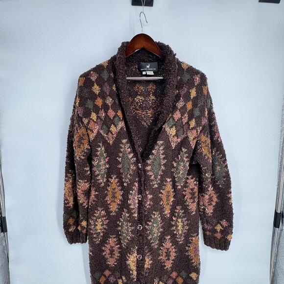 Peruvian Connection Sweater Cardigan Womens Large Brown Wool Aztec Knit Boho - Picture 2 of 8